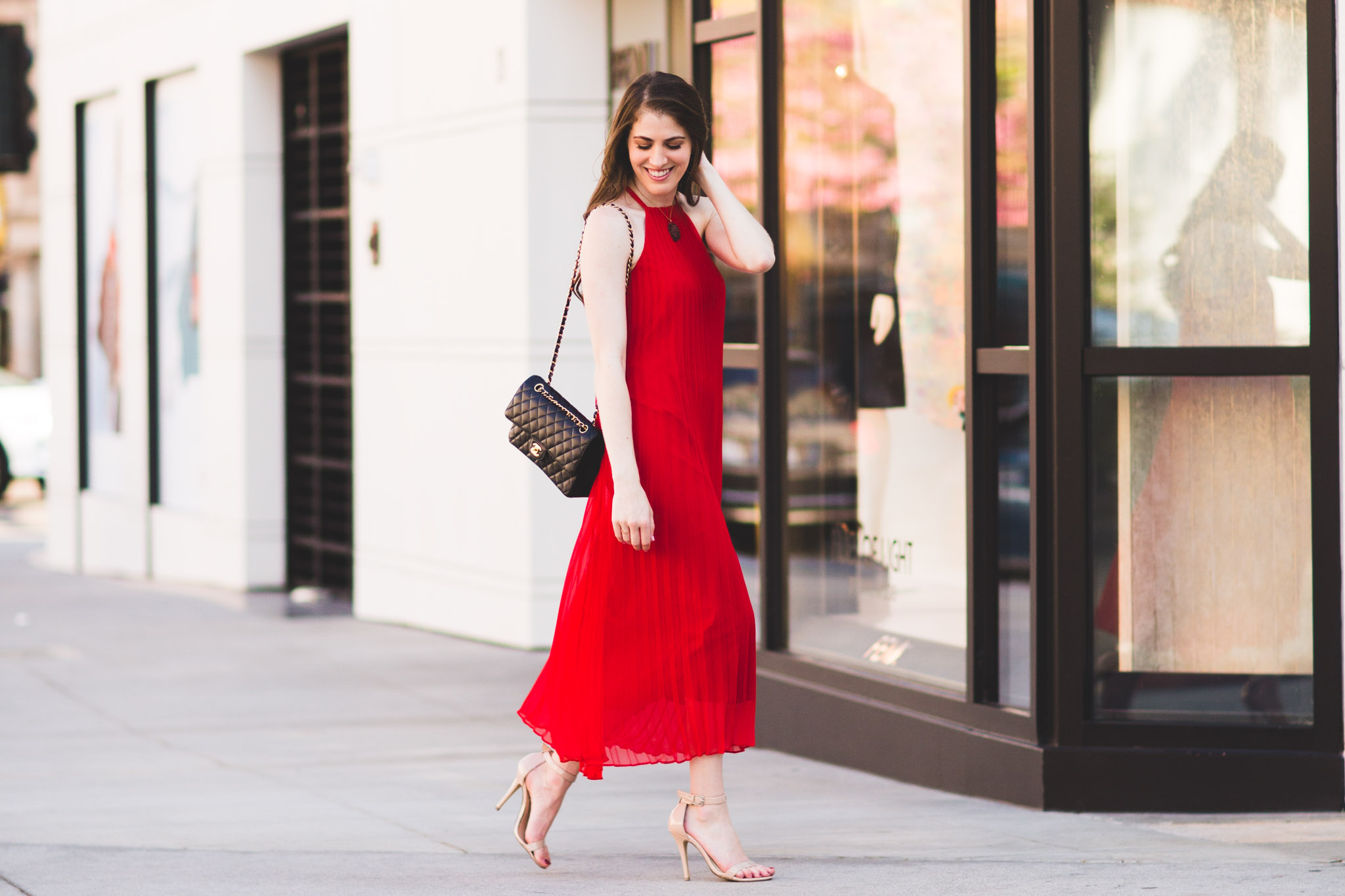 Long red pleated dress